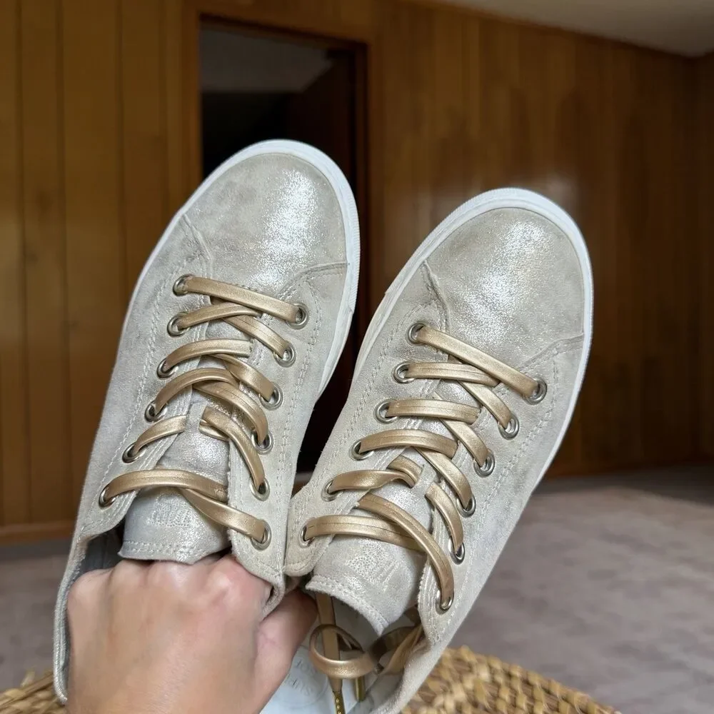 $420 Paul Green Hadley Platform Sneaker Leather Metallic Gold Beige UK 5.5 US 8